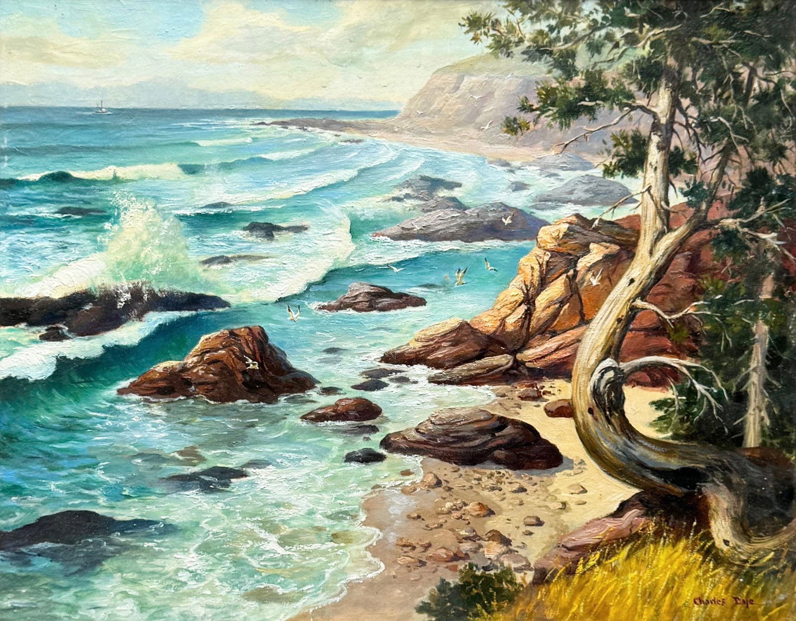 CHARLES DYE (1906-1972, American Illustrator) California Coastal Landscape: Oil on board 24 x 20 in (framed). Under glass with sealed metal backing. Charles Dye was primarily know for his cowboy paintings of the American West. He spent some time in California and this work is