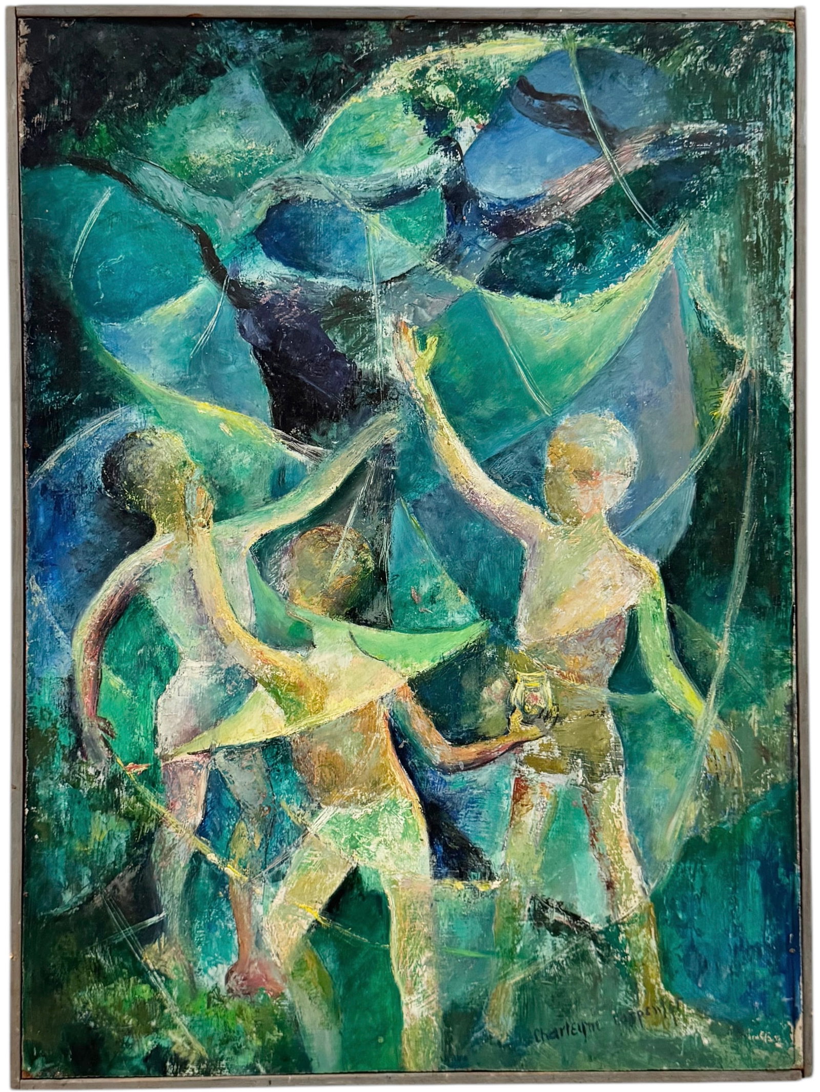 CHARLEYNE CARPENTER Mid-Century American Abstract With Figures: Oil on board 28 x 21 in