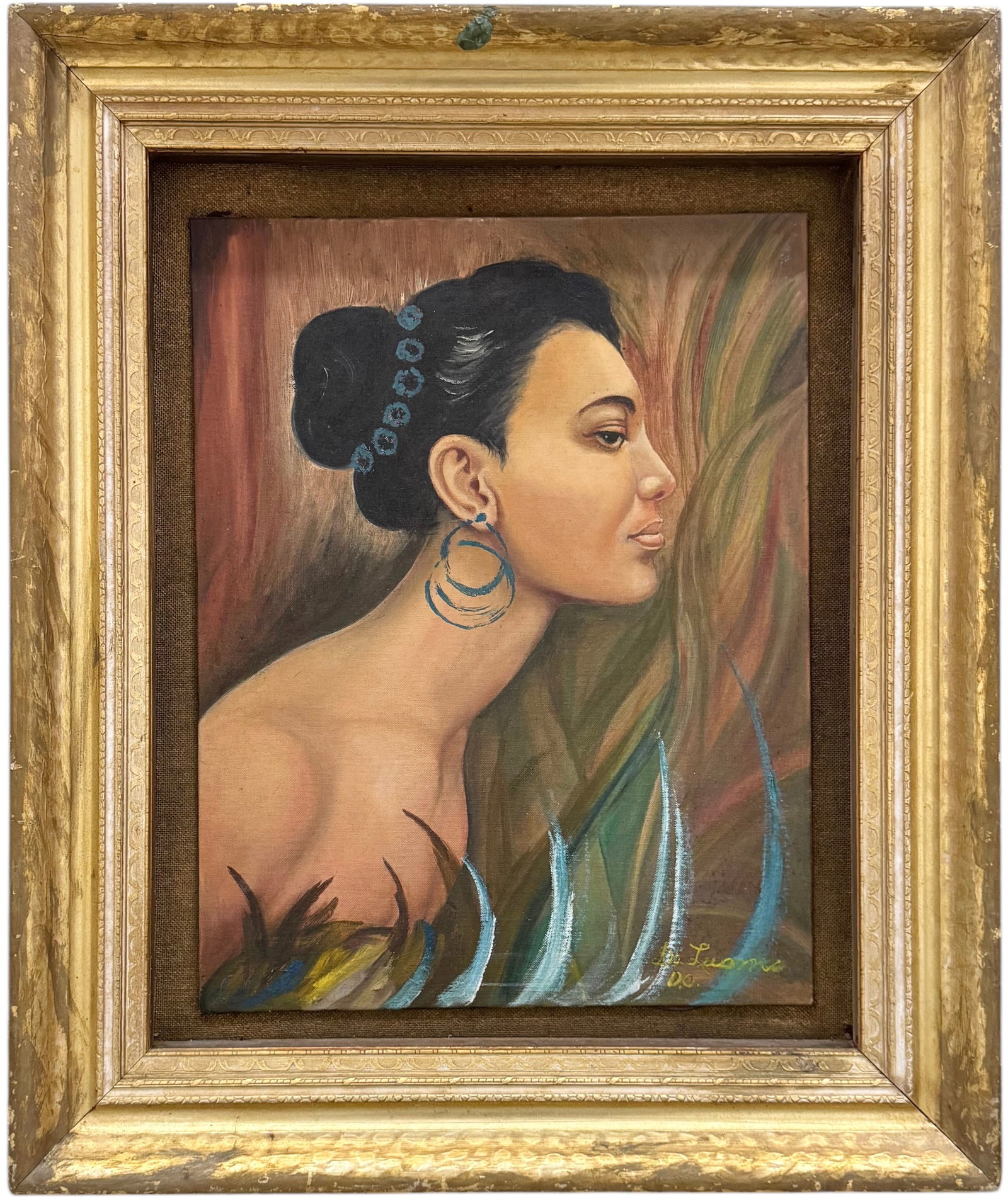 Nicely Framed Vintage Hawaiian Portrait Of A Woman Signed: Oil on board 18 x 14 in, 25 x 21 in (framed)