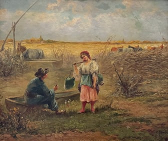 European School Horse Farm Scene Signed With Stamp Verso