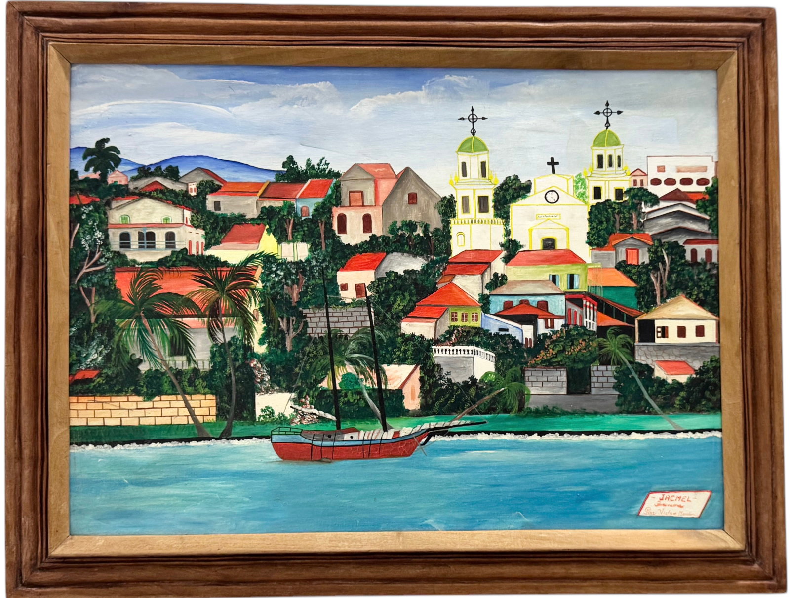 VICTOR MAMBRUN (20th c, Haitian) Jacmel Panorama From The Sea With Ship: Oil on canvas 29 x 21 in, 34 x 26 in (framed)