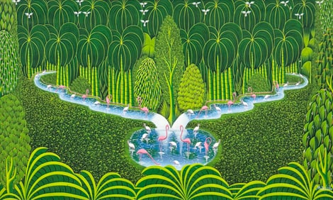 HENRI ROBERT BRESIL (1952-1999, Haitian) Large Jungle Landscape 49.5" x 30.5"