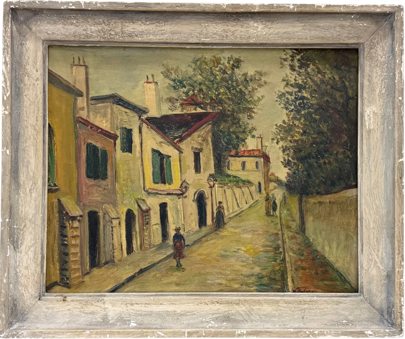French Paris School Montmartre Street Scene Signed Illegibly Lower Right: Oil on board 20 x 16 in, 24 x 20 in (framed)