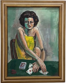 AHDA ARTZE "Card Player" Miami Beach Artist, Modernist Oil On Canvas