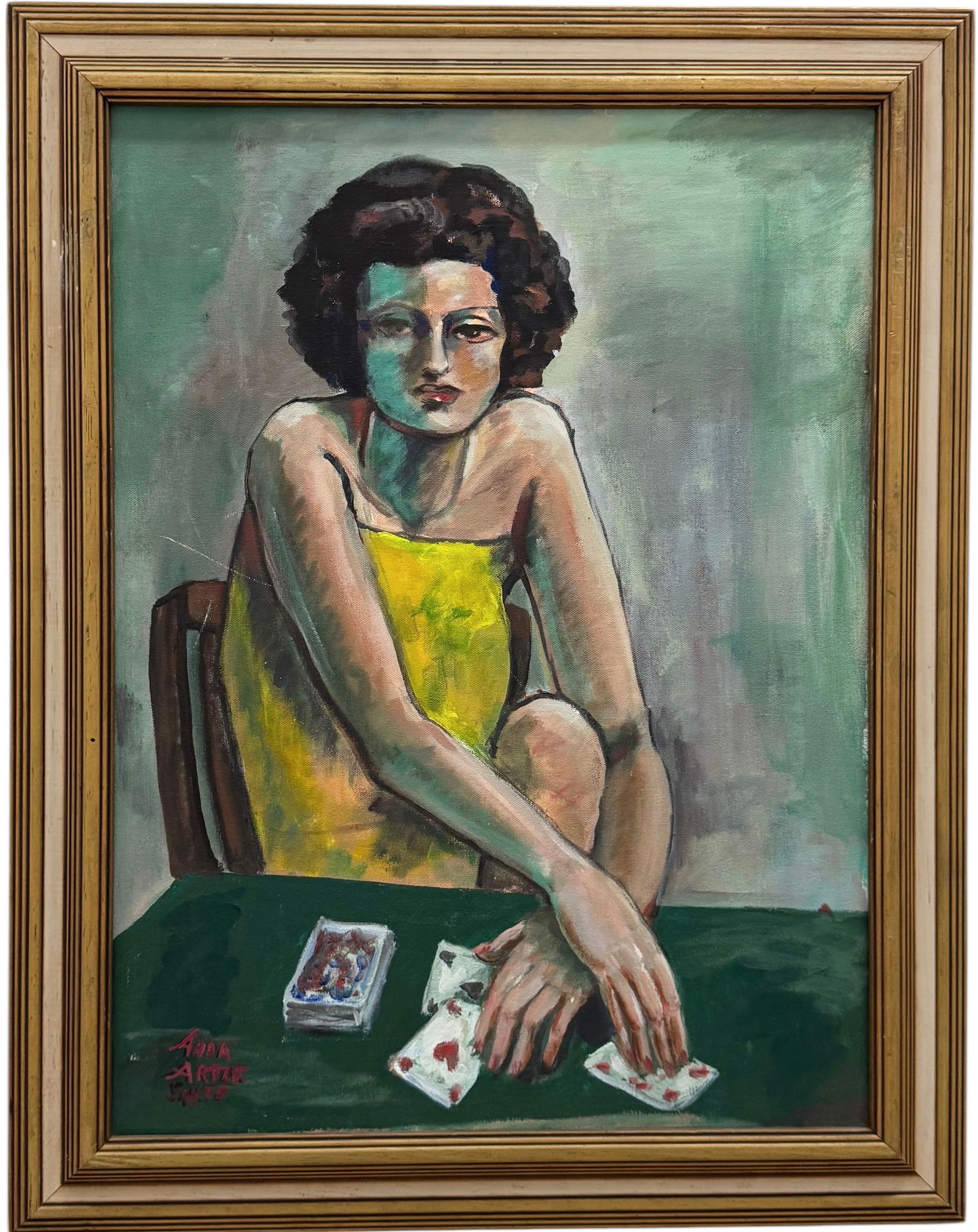 AHDA ARTZE "Card Player" Miami Beach Artist, Modernist Oil On Canvas (1 of 3)
