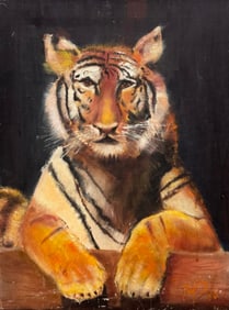 Vintage Signed Portrait Of A Bengal Tiger Oil On Canvas