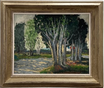 Nicely Framed Large American School Birch Tree Landscape Signed