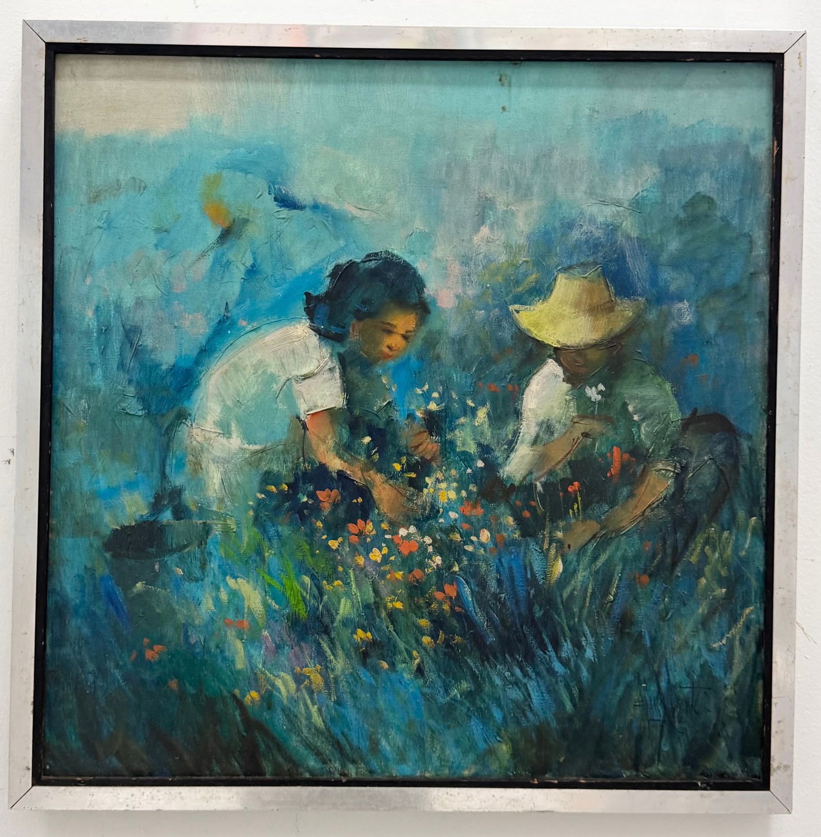 Vintage Vietnamese School Modernist Flower Pickers, Signed Artist Unknown (1 of 3)