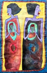 Latin American School Naive Painting Of Figures Signed SANTIAGO