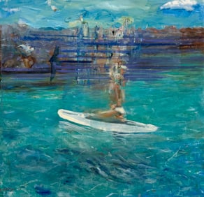 Contemporary Oil On Canvas Man On Kayak In River Abstract Realism Signed