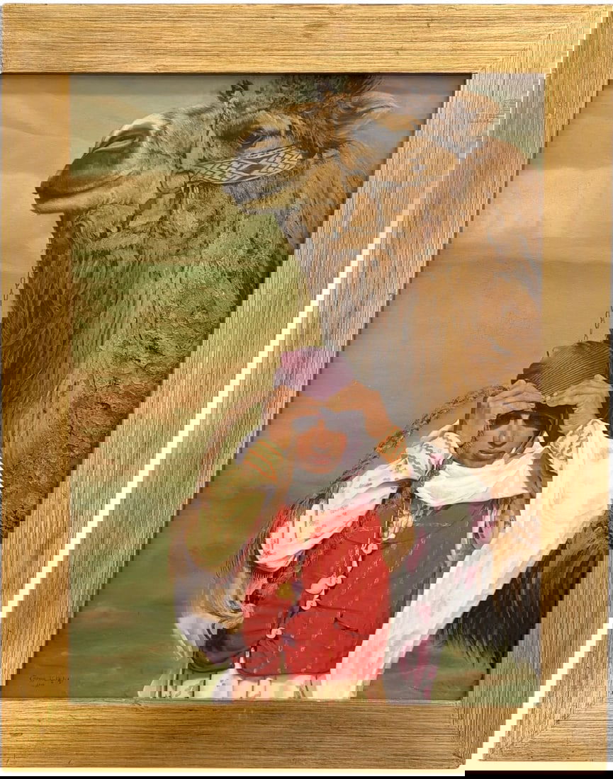 VIDA TAYARI (20th c, Iran) Hyperrealist Oil Orientalist Woman With Camel (1 of 5)