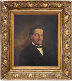 Antique American School Portrait Of A Gentleman In Beautiful Gold Leaf Gesso Frame