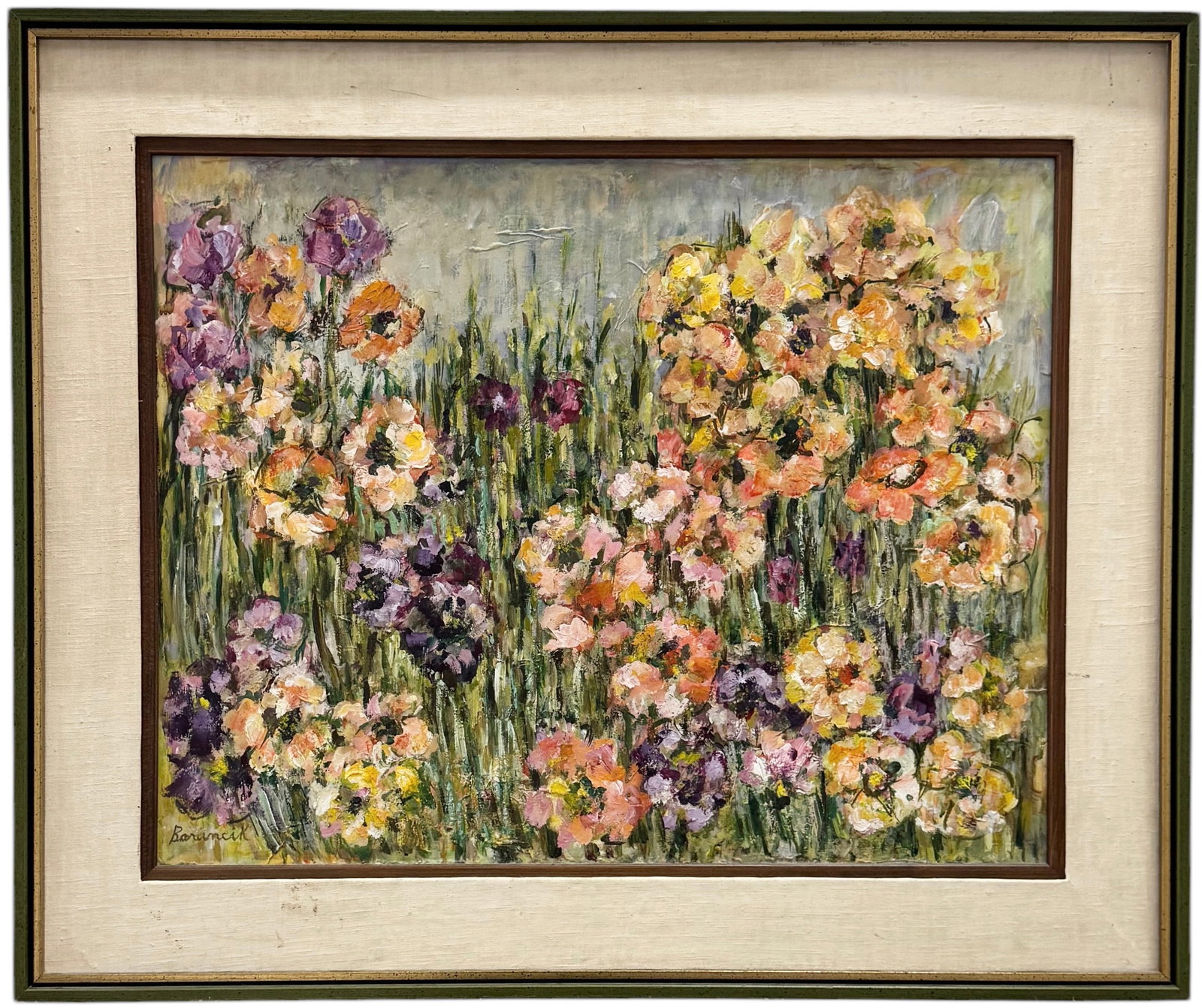 CARRIE BARANCIK (20th c, American) Flowers: Oil on board 45.5 x 39 in (framed)