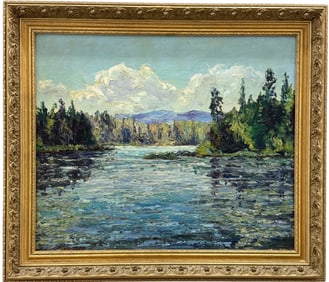 Impressionist American School Mountain Lake Scene Signed Heavy Impasto