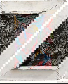 American School Mid-Century Abstract Painting Signed Salmon