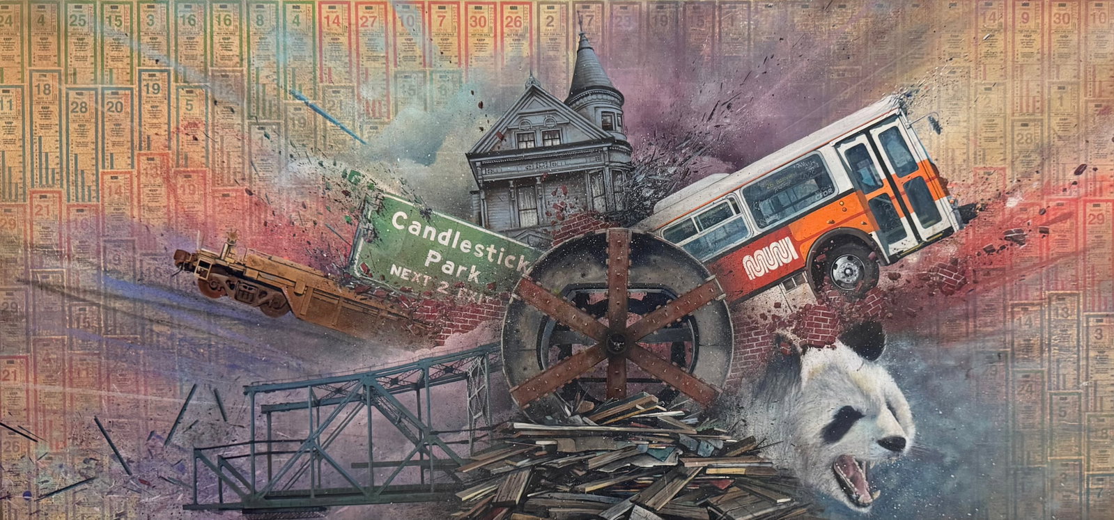 Monumental Abstract Painting San Francisco Graffiti Art Signed Verso: Oil on wood 62 x 29 in