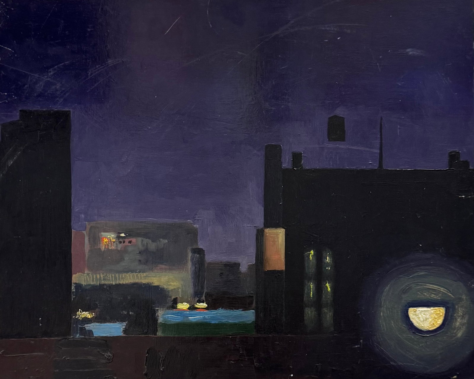 BILL GROSS (20th c, American) City Scene At Night: Oil on wood panel 21 x 25 3/4 in
