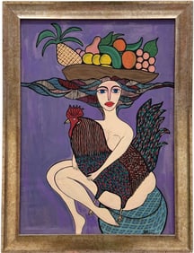 Naive Cuban School Folk Art Painting Nude Woman With Rooster