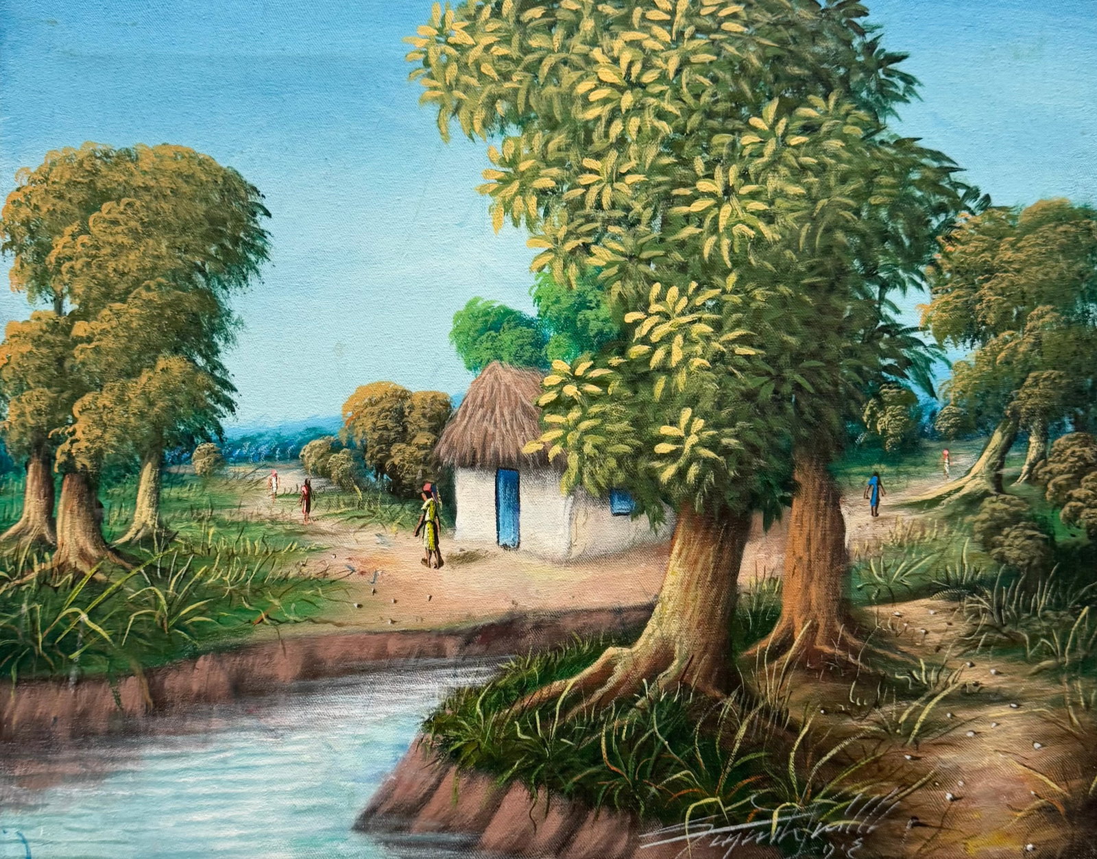 RAYMOND LAFAILLE (20th c, Haitian) River Landscape With House: Oil on canvas 16 x 20 in