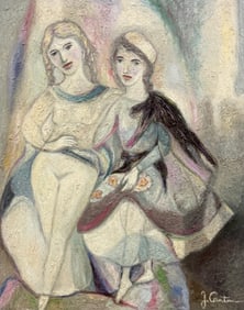 French School Modernist Painting Of Two Women In The Style Of Marie Laurencin