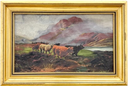 Antique English Highland Cattle Scene Landscape