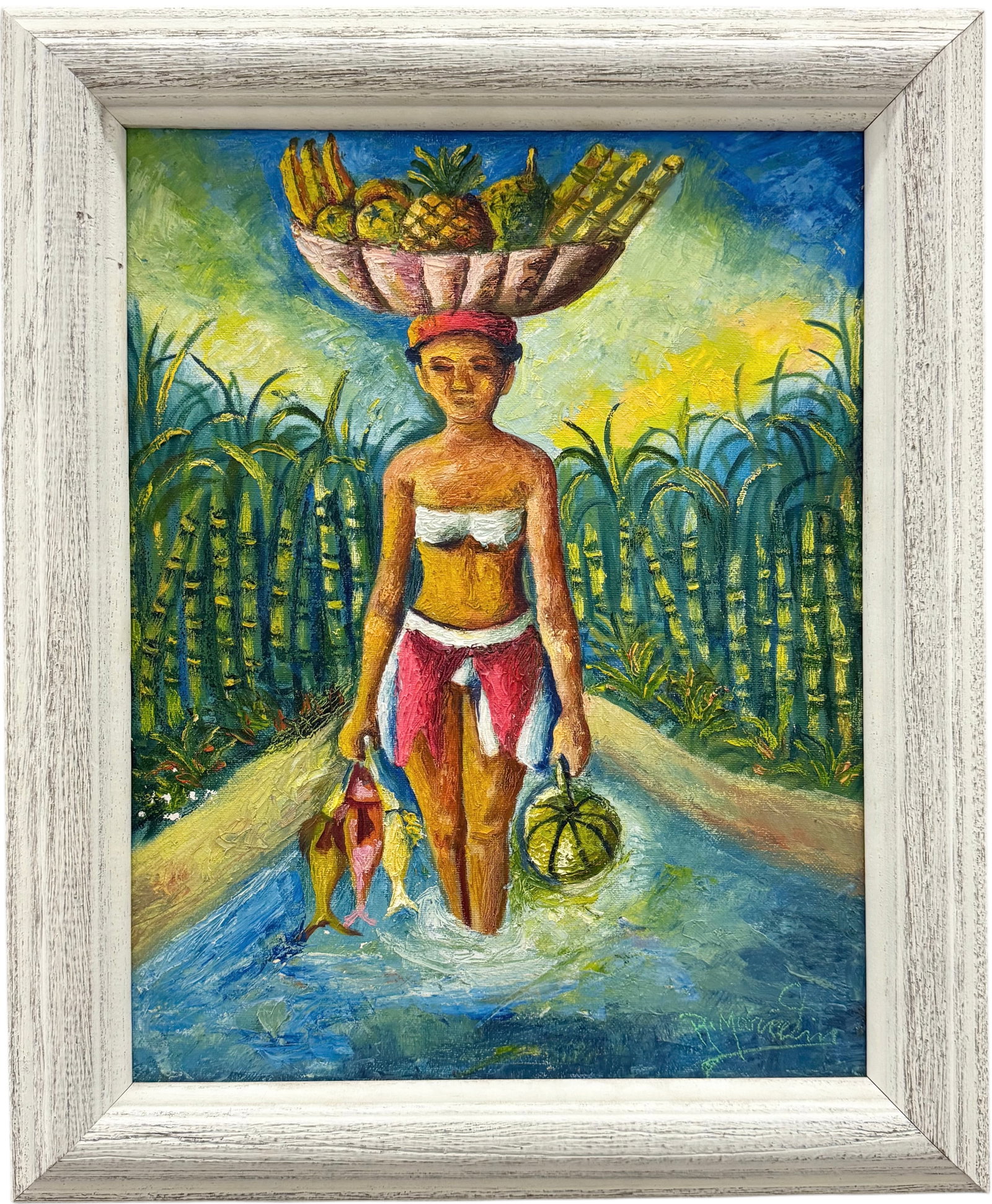 RENOLD MARCELIN (b. 1954, Haitian) Fisherman With Fruit Basket: Oil on canvas