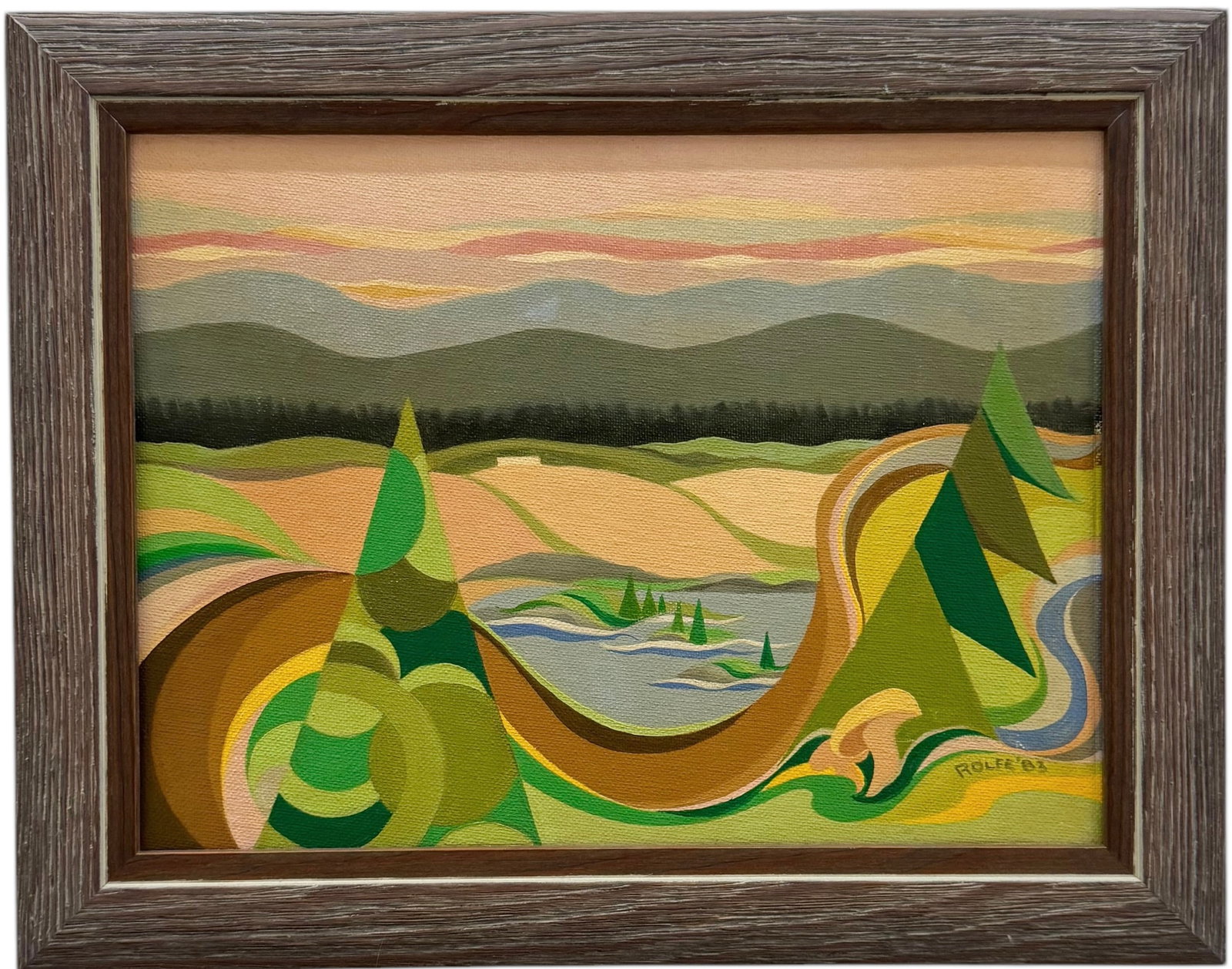 "Country Road" Vintage Maine Surrealist Landscape Signed Rolfe, With Loan Tag: Oil on board 9 x 12 in, 11.5 x 14.5 in (framed)