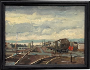 American School Impressionist Industrial Railroad Scene Signed Switzer