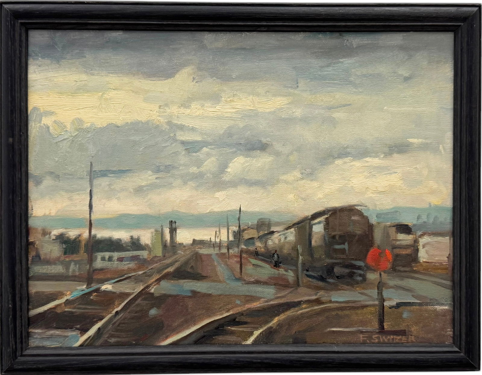 American School Impressionist Industrial Railroad Scene Signed Switzer (1 of 3)