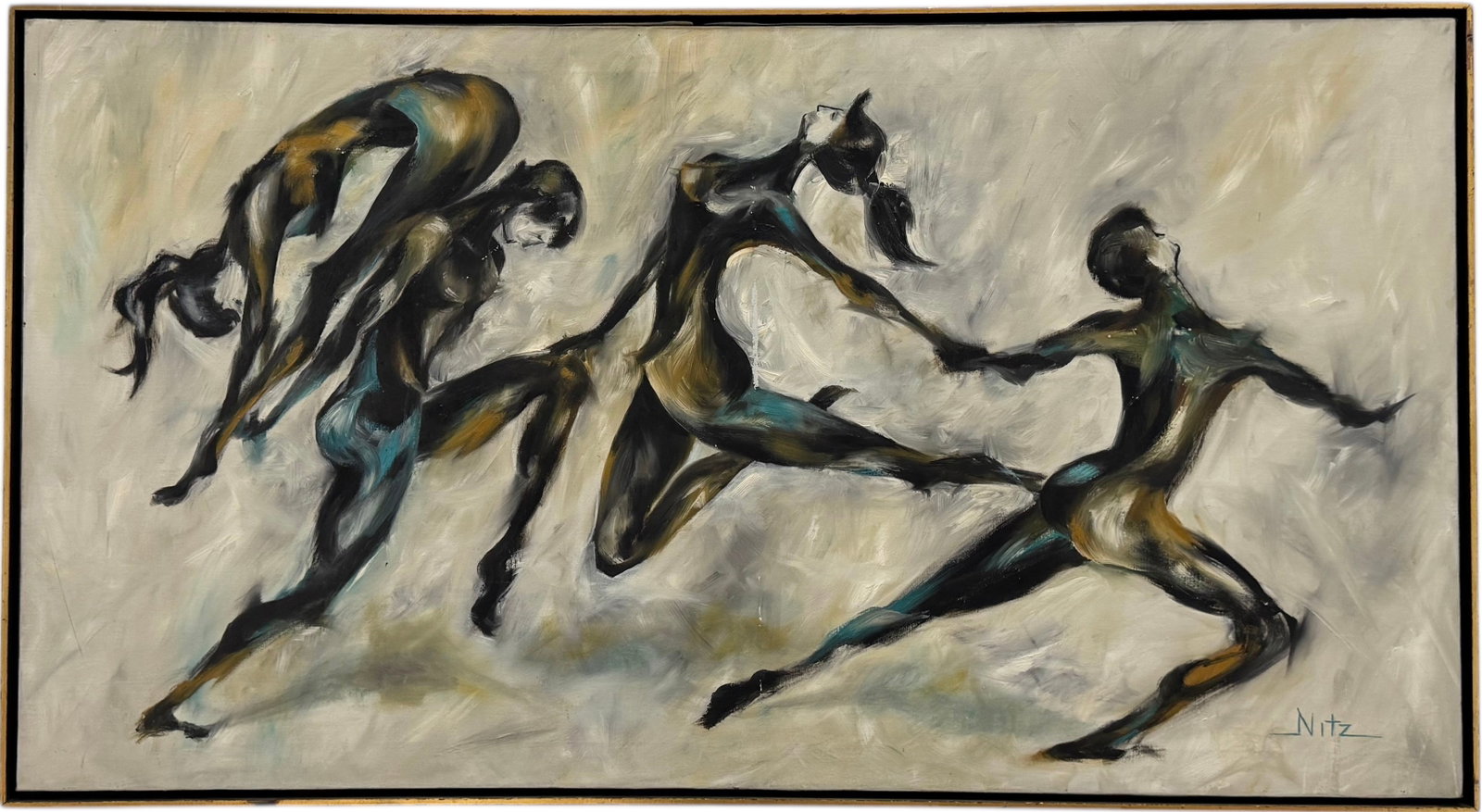 Mid-Century Modern Abstract Of Dancers Signed NITZ: Oil on canvas 50 x 27 in, 51 x 28 in (framed)