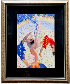 Vintage 1980's Nicely Framed Watercolor Of Circus Acrobats Signed