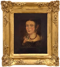 Antique European School Portrait Of A Woman Holding A Flower