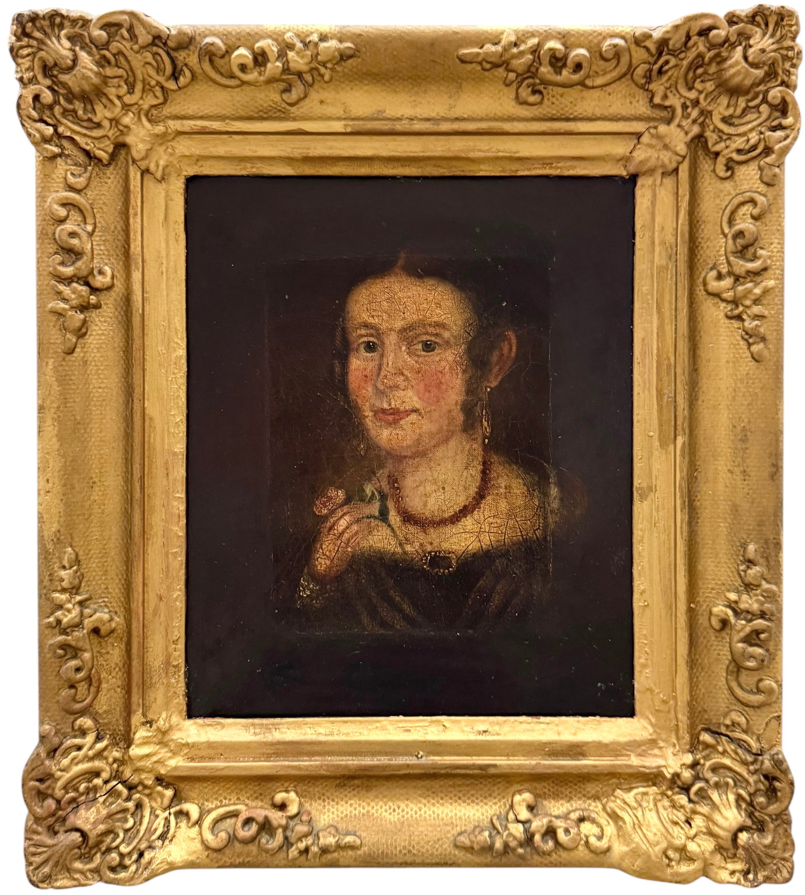 Antique European School Portrait Of A Woman Holding A Flower: Early 19th, possibly 18th century. Oil on canvas 12 x 10 in, 17.5 x 15.5 in (framed). London shipping label verso.
