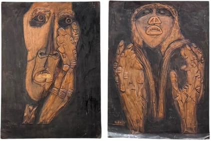 Pair Of Latin American Copper Relief Wall Plaques, Signed