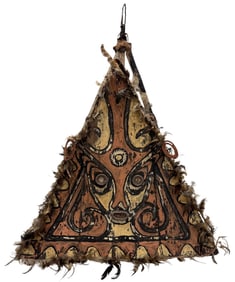 Large Papua New Guinea Style Hand Painted Tribal Mask With Feathered Border