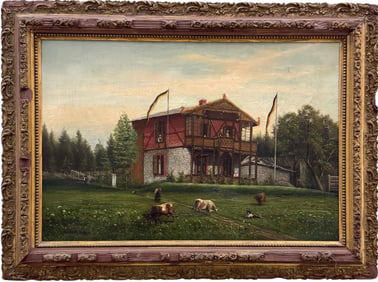 European School Landscape With Chalet, Signed Lower Left In Antique Frame