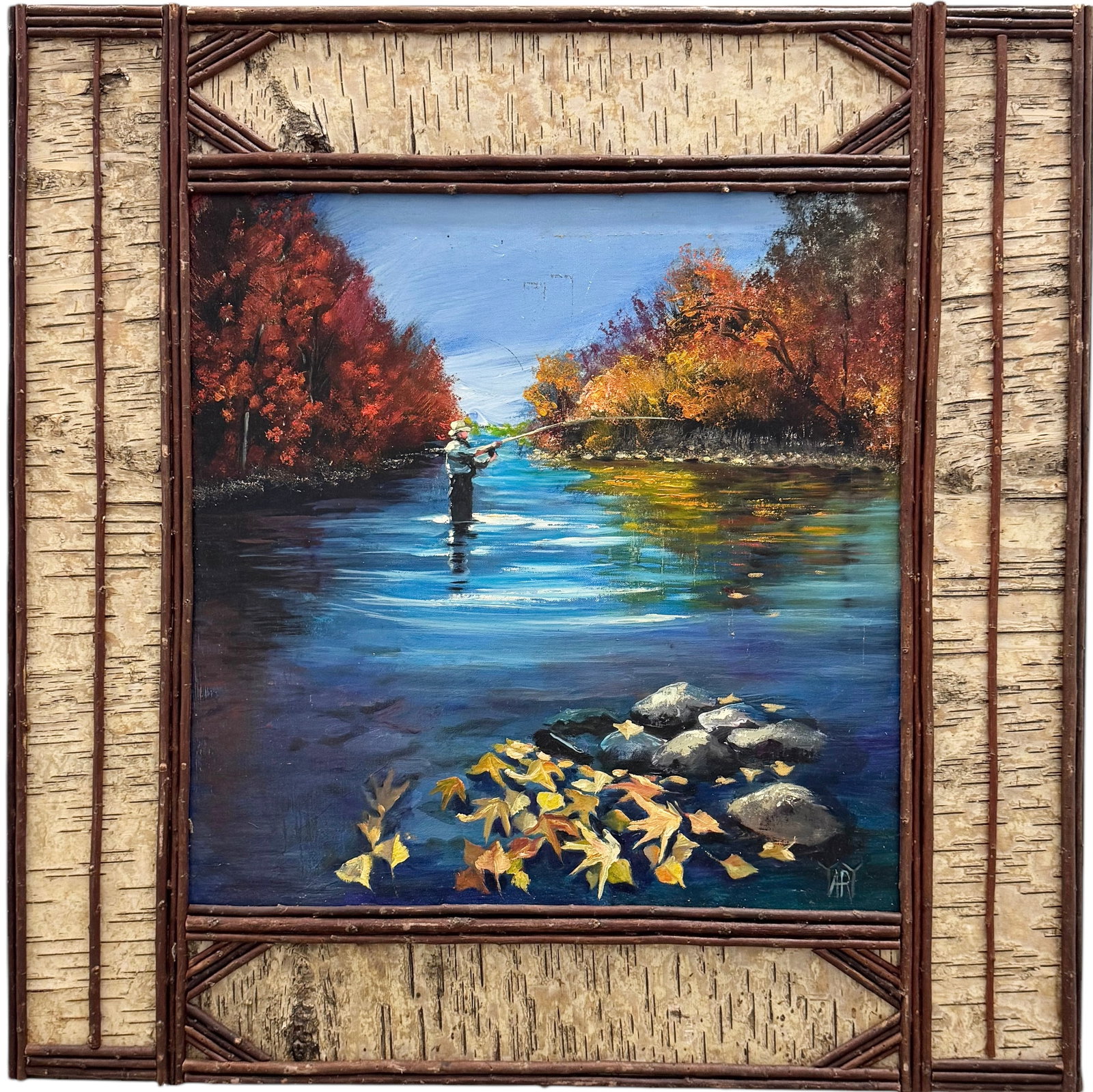YARY DLUHOS (B. 1944, Czech Republic) Fishing In The Stream, Custom Frame: Oil on board 35 x 35 in (framed)