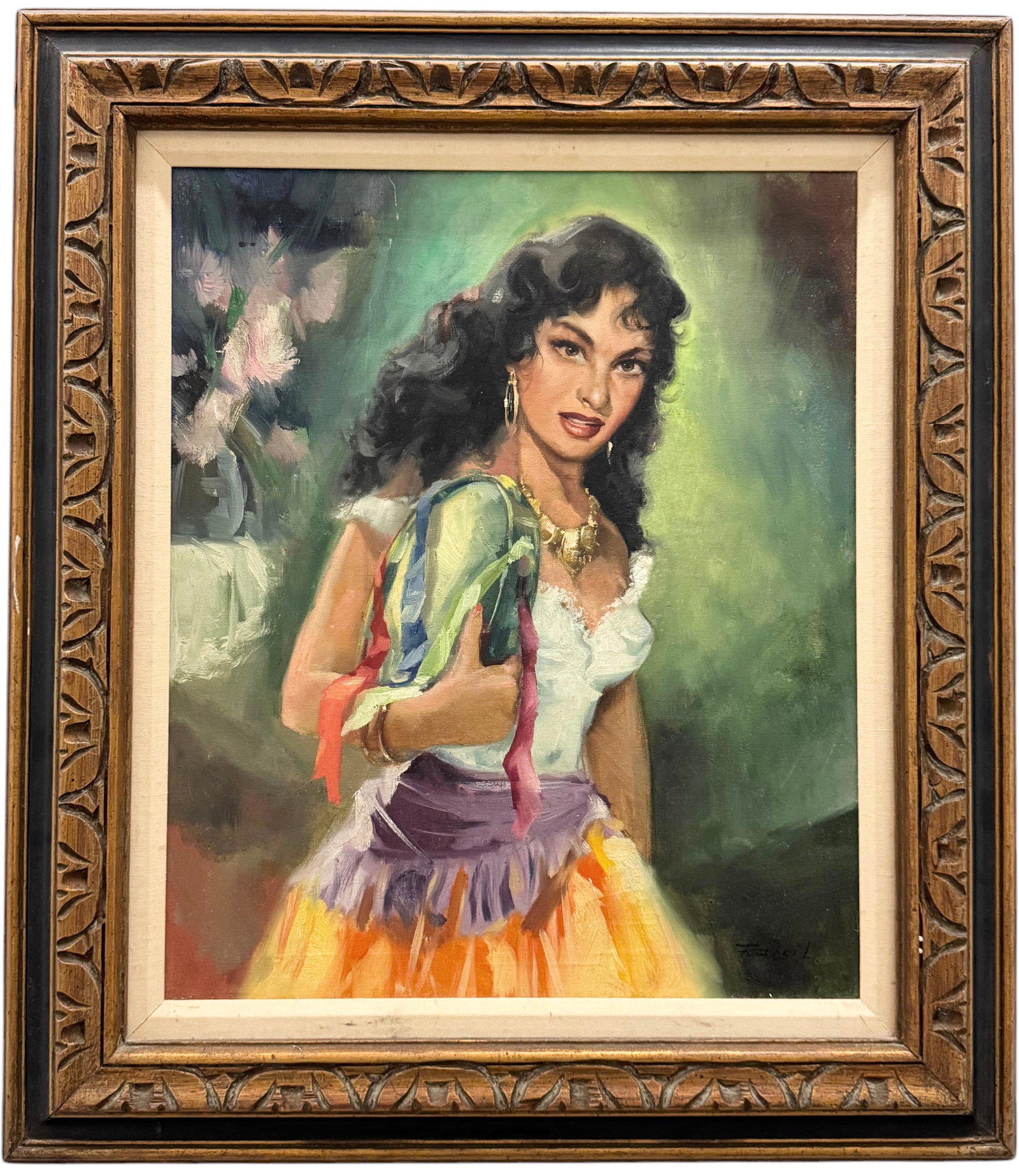 LAJOS FUZESI (b. 1931, Hungarian) Portrait Of A Woman With A Parrot: Oil on canvas 24 x 20 in, 32 1/4 x 28 1/4 in (framed)