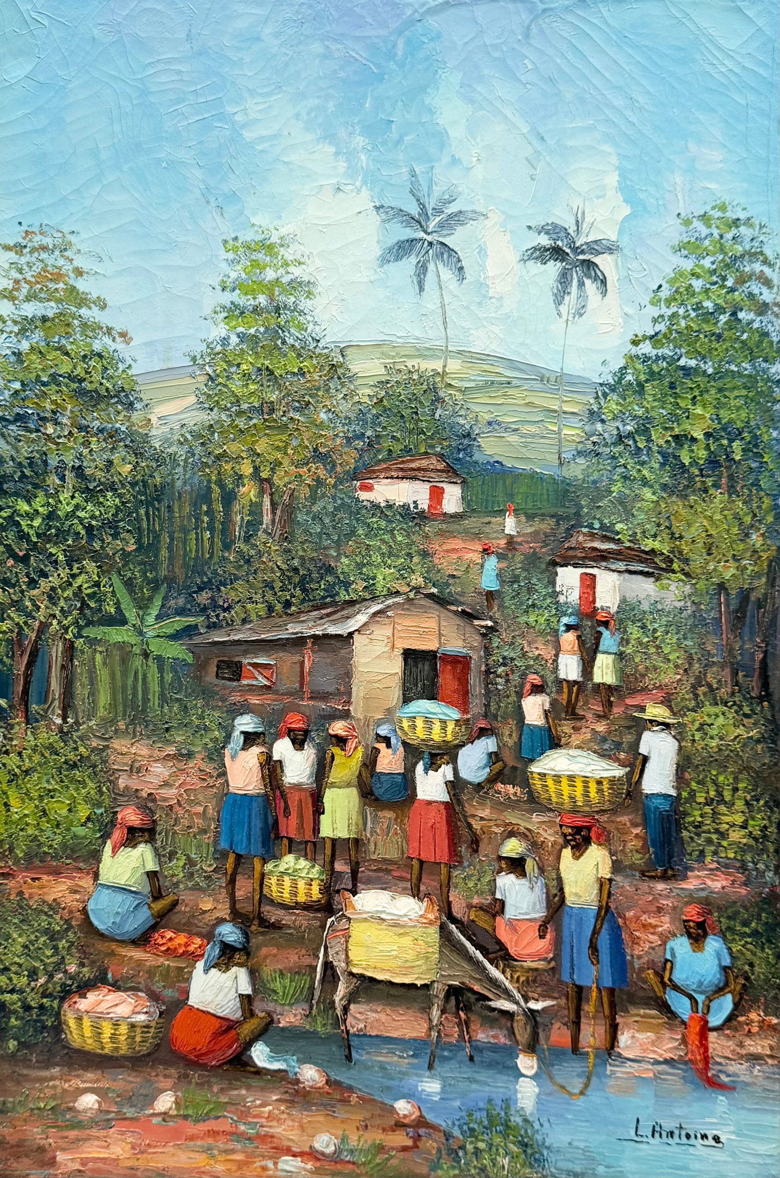 LOUBERT ANTOINE (20th c, Haitian) Village Scene: Oil on canvas 24 x 16 in
