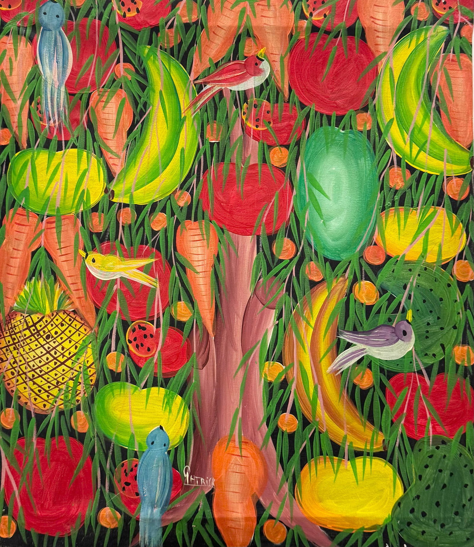 Haitian School Fruit Tree With Birds Oil On Canvas Painting Signed Patrick (1 of 3)
