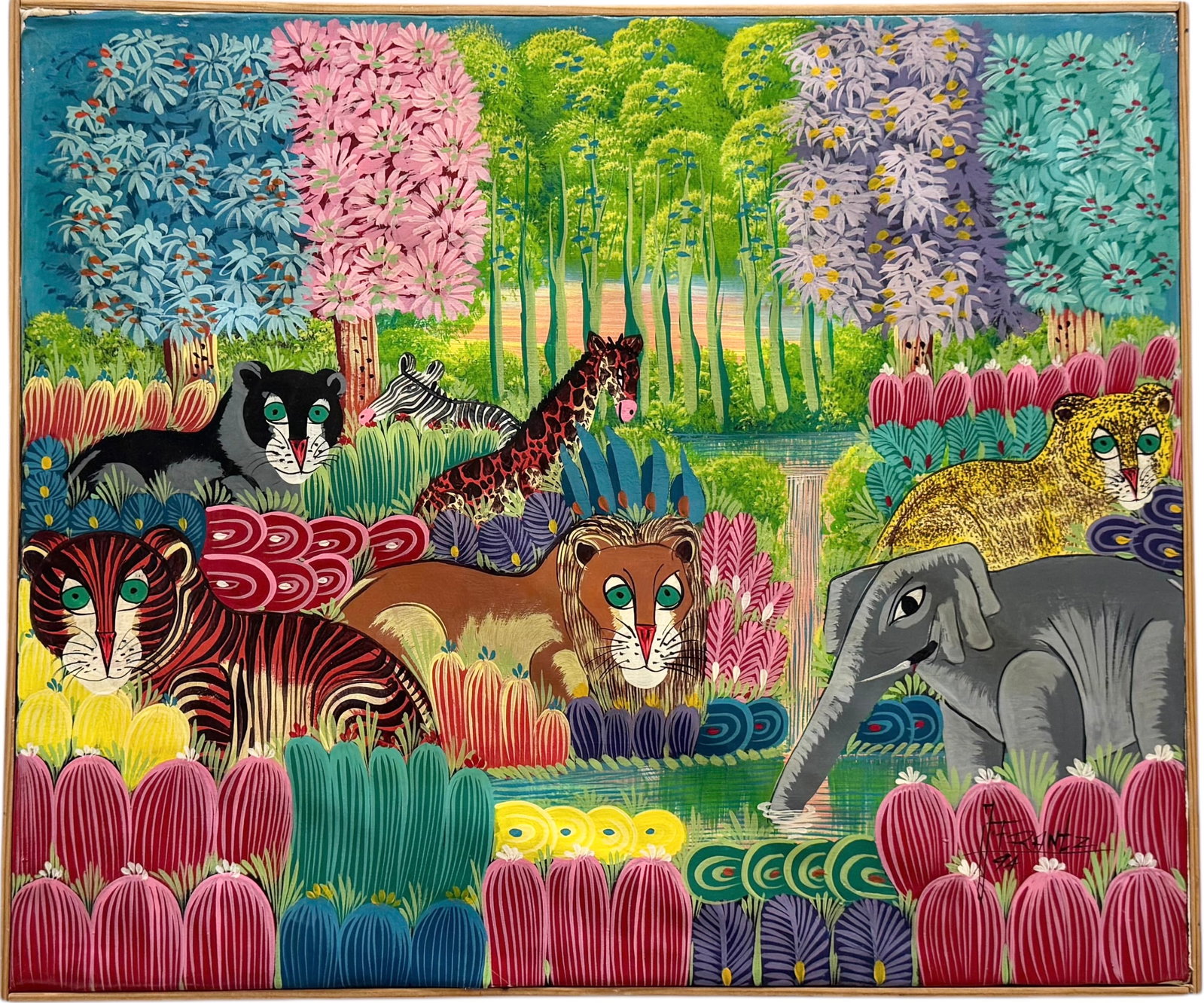 Colorful Haitian School Jungle Scene With Animals Signed J. Frantz: Oil on canvas 24 x 20 in