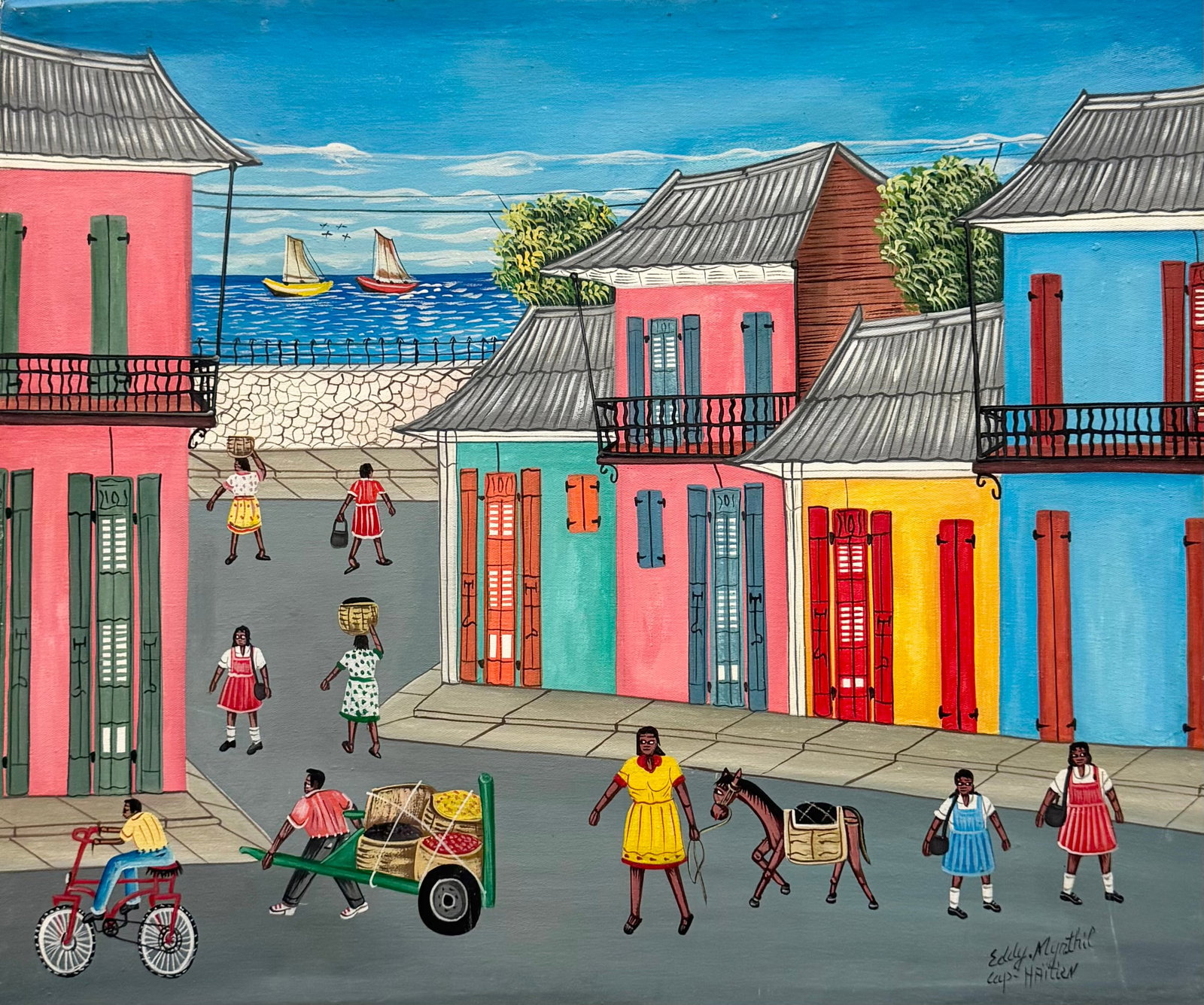 EDDY MYRTHIL (b. 1946, Haitian) Cap Haitien, Colorful City Scene: Oil on canvas 24 x 20 in