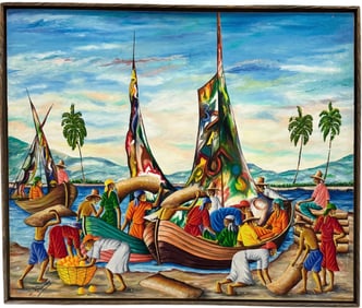 DOMINIQUE ROUANEZ (20th, Haitian) Colorful Harbor Scene