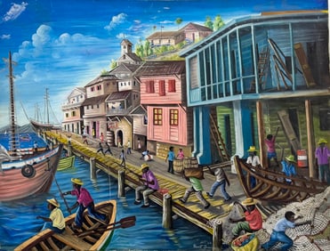 ST JACQUES Haitian Harbor Scene Signed Oil On Canvas