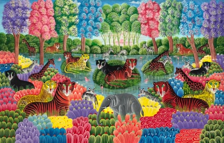 JOURDAIN FRANTZ (20th c, Haitian) Large Jungle Scene With Animals 56" x 36"