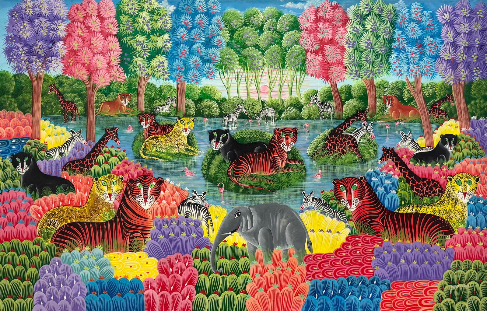 JOURDAIN FRANTZ (20th c, Haitian) Large Jungle Scene With Animals 56" x 36" (1 of 3)