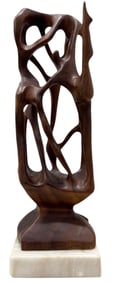 Cuban School Carved Wood Abstract Sculpture With Figures