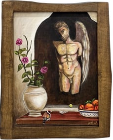 Latin America School Still Life With Nude Male Broken Sculpture Signed Avila