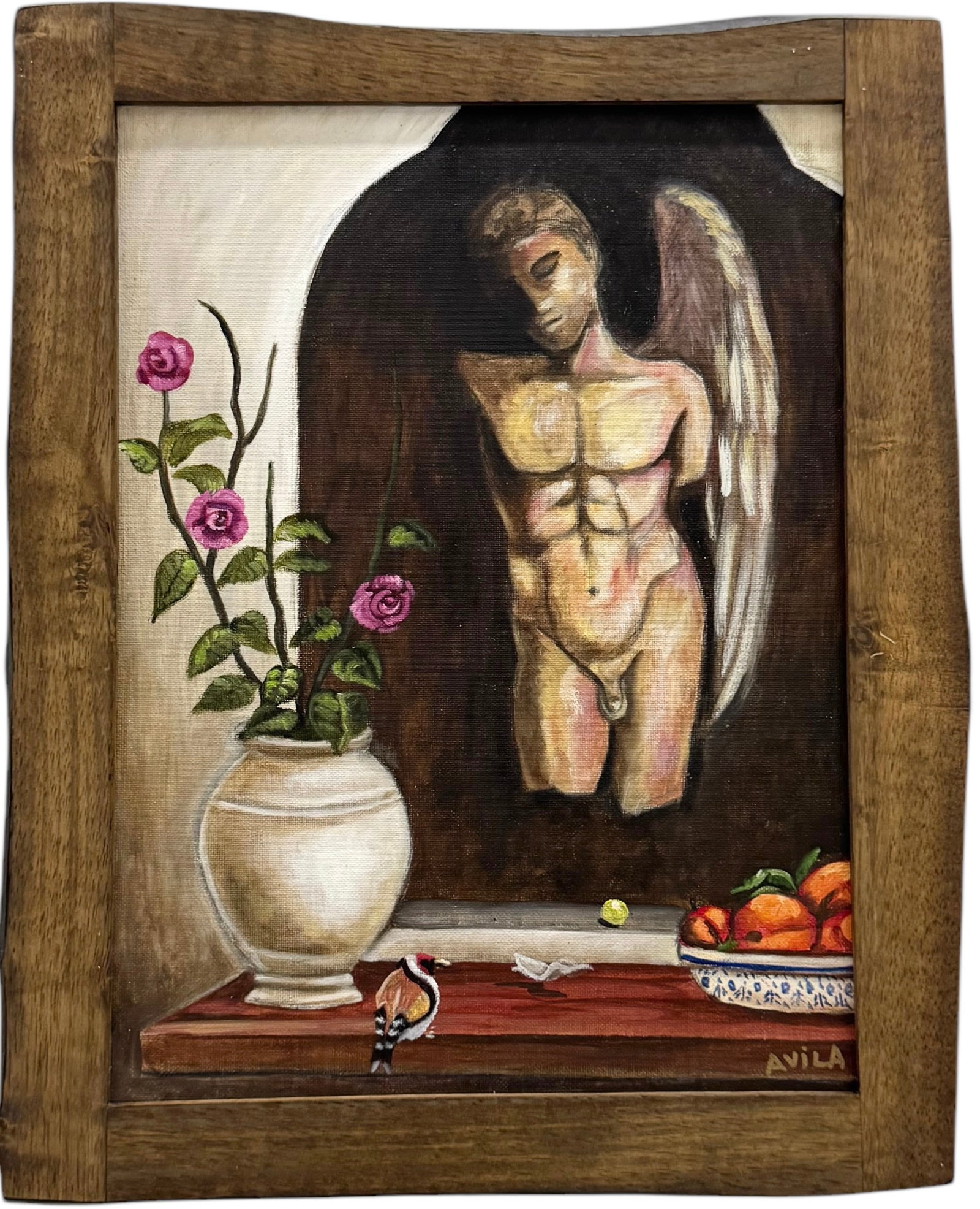 Latin America School Still Life With Nude Male Broken Sculpture Signed Avila: Oil on board 19 x 15 in (framed)