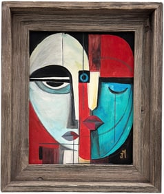 Mexican School Modernist Abstract With Faces, Monogrammed
